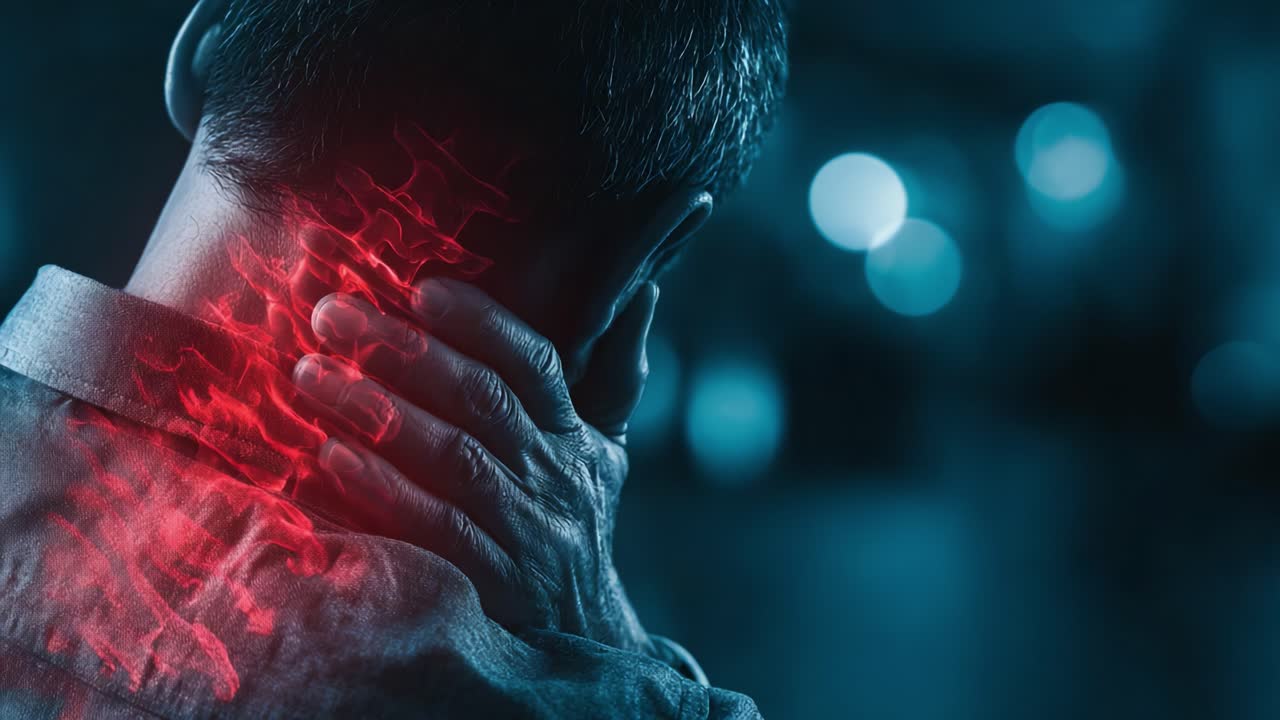 A Person Gripping Their Neck in Discomfort Reflects the Theme of Pain and Strain, Captured in Two Frames with a Radiating Red Effect Highlighting the Area of Concern