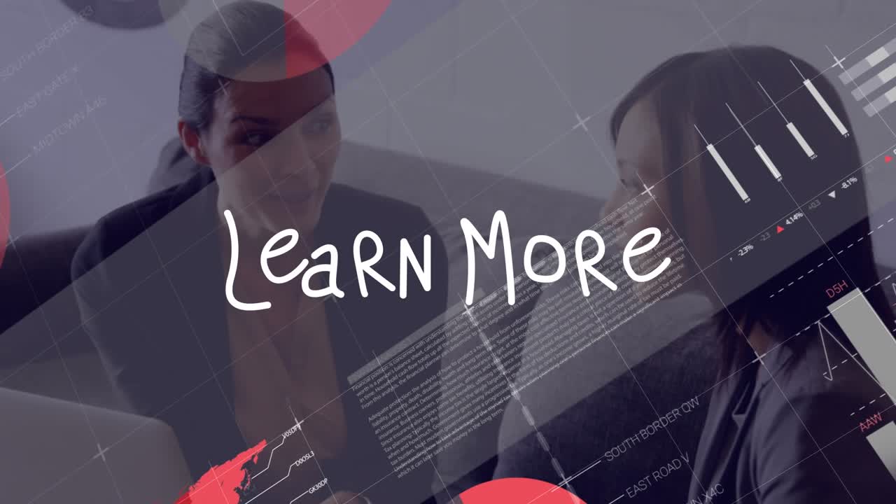 Animation of learn more text and financial data processing over business people