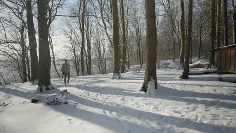 Man-strolling-through-a-serene-snow-covered-forest,-sunlight-piercing-through-the-trees