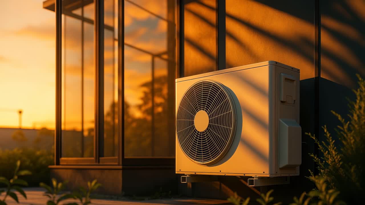 A side-angle view of an outdoor air conditioning unit at sunset, casting long shadows
