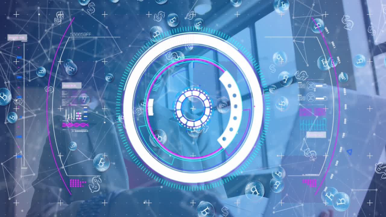 animación de círculos, iconos de bitcoin, puntos conectados, mujer afroamericana sorprendida usando una computadora portátil