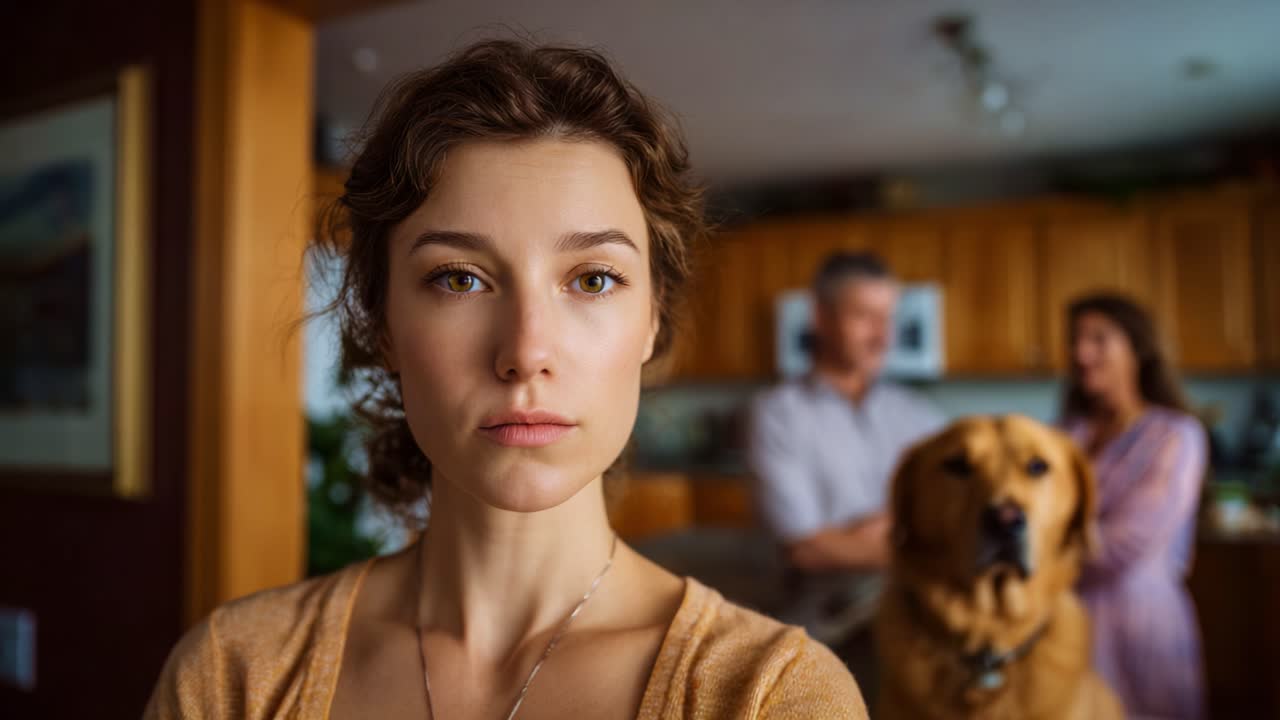 A Portrait of Contemplation Amidst Family Moments Featuring a Young Woman, a Dog, and Two Adults in a Cozy Indoor Setting, Capturing Emotions and Connections