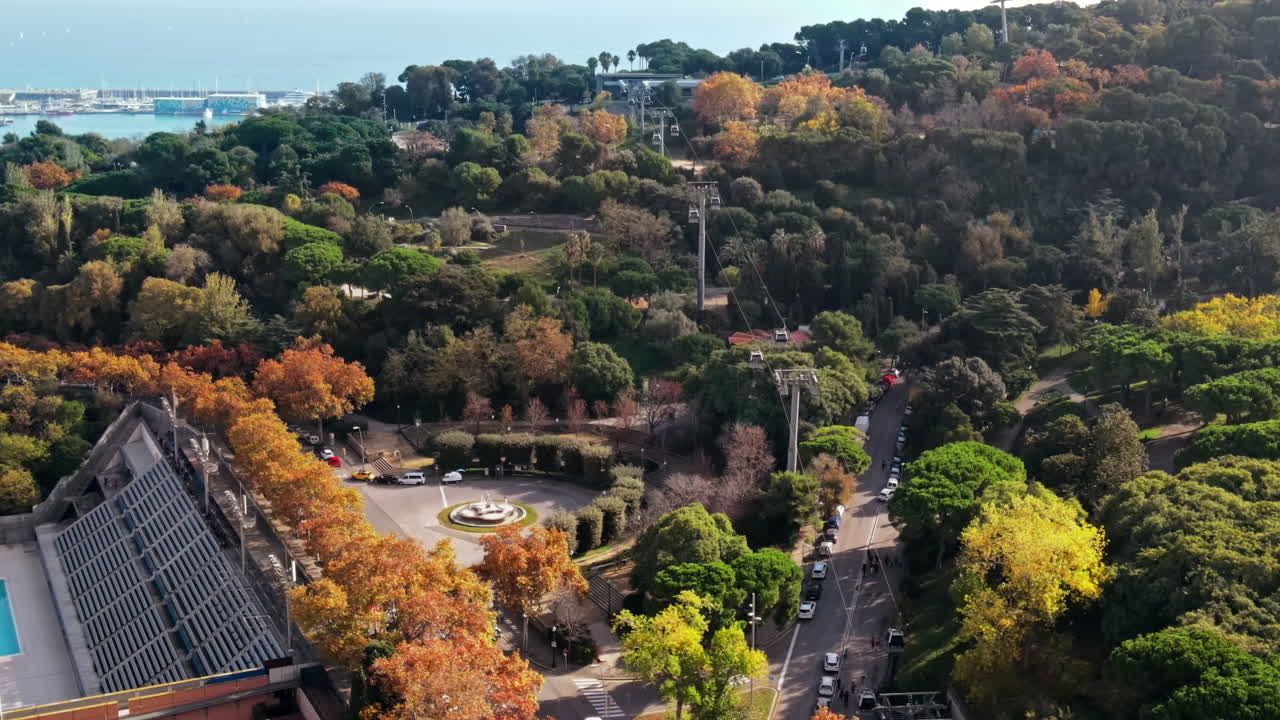 Aerial drone view of Barcelona city at daylight. Montjuic district. Spain