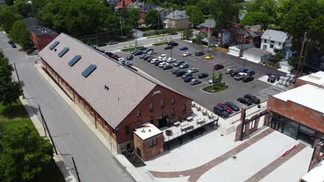 East-Market-in-Columbus,-Ohio-in-the-Trolley-District,-aerial-drone