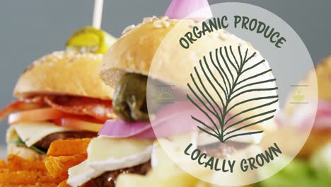 Animation-of-organic-produce-and-locally-grown-text-in-circles-over-vegetable-burgers