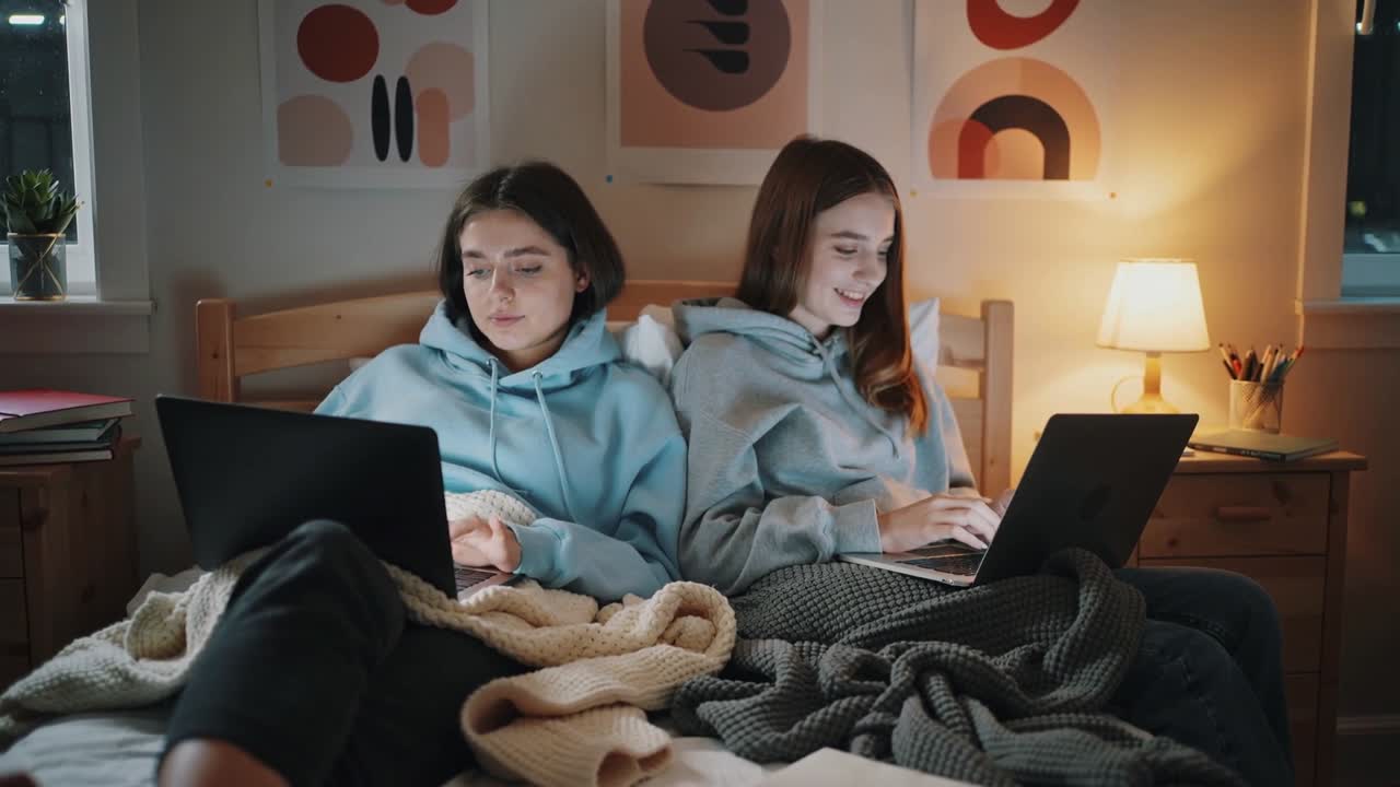 Vertical video: Alert arriving, teens in blue, gray hoodies sitting in bedroom, checking laptops