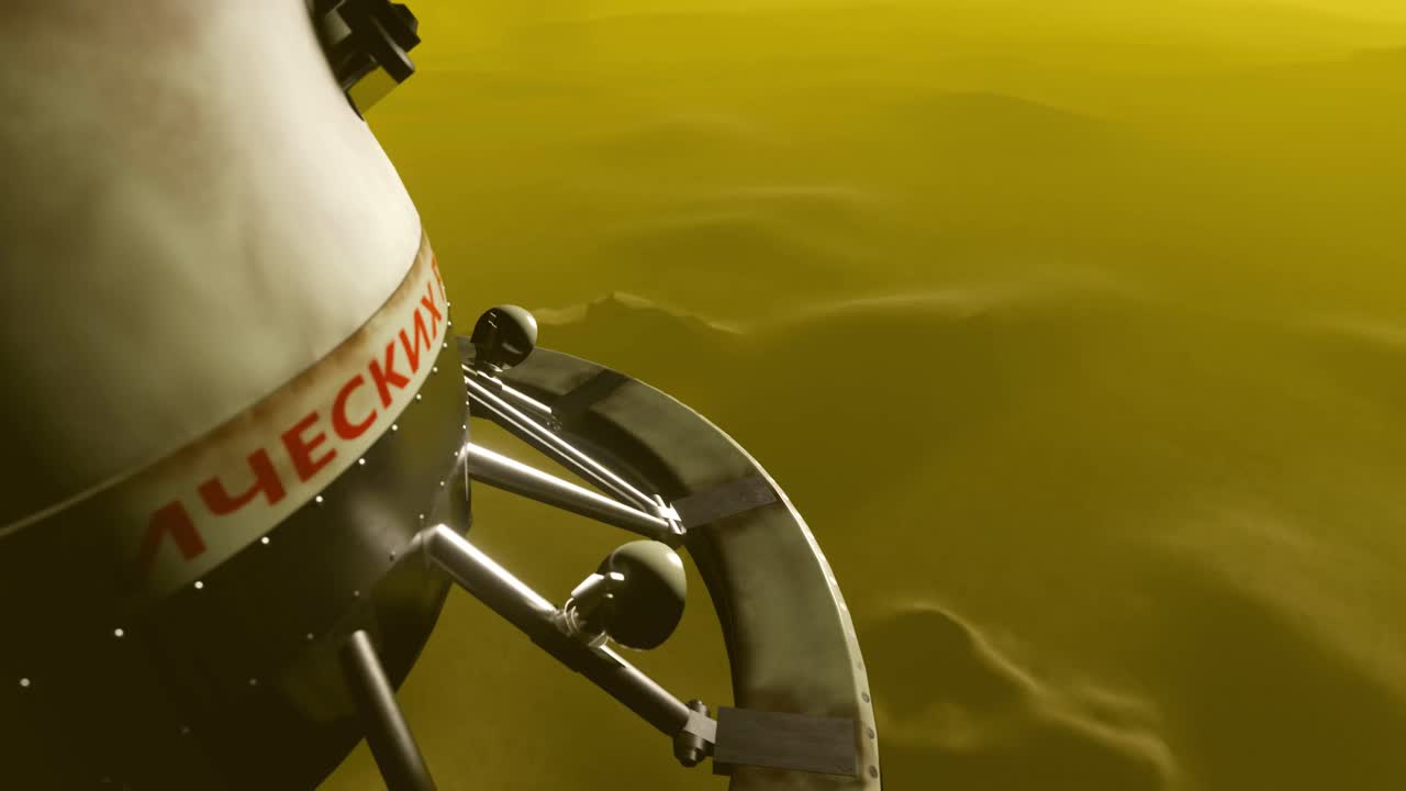 animación en 3d que muestra la sonda espacial venera 9 a bordo en perspectiva aterrizando en venus