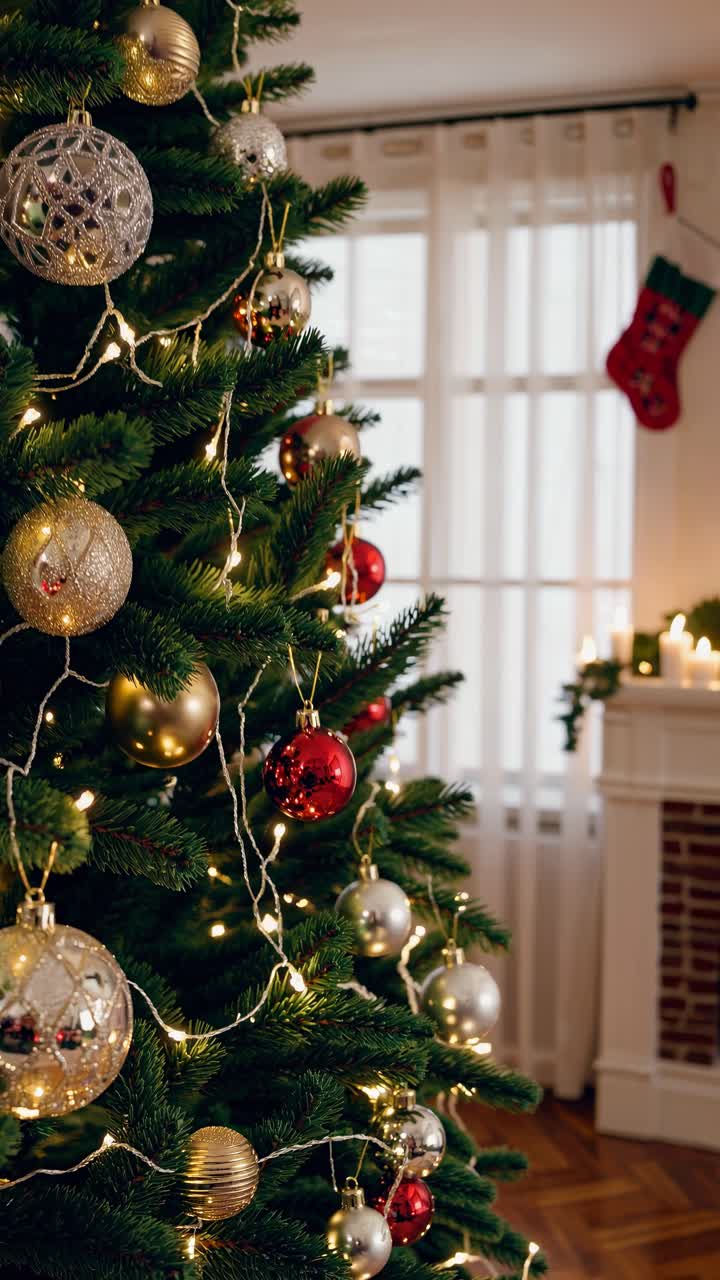 Festive Christmas tree adorned with red and gold ornaments, captured in a cozy living room