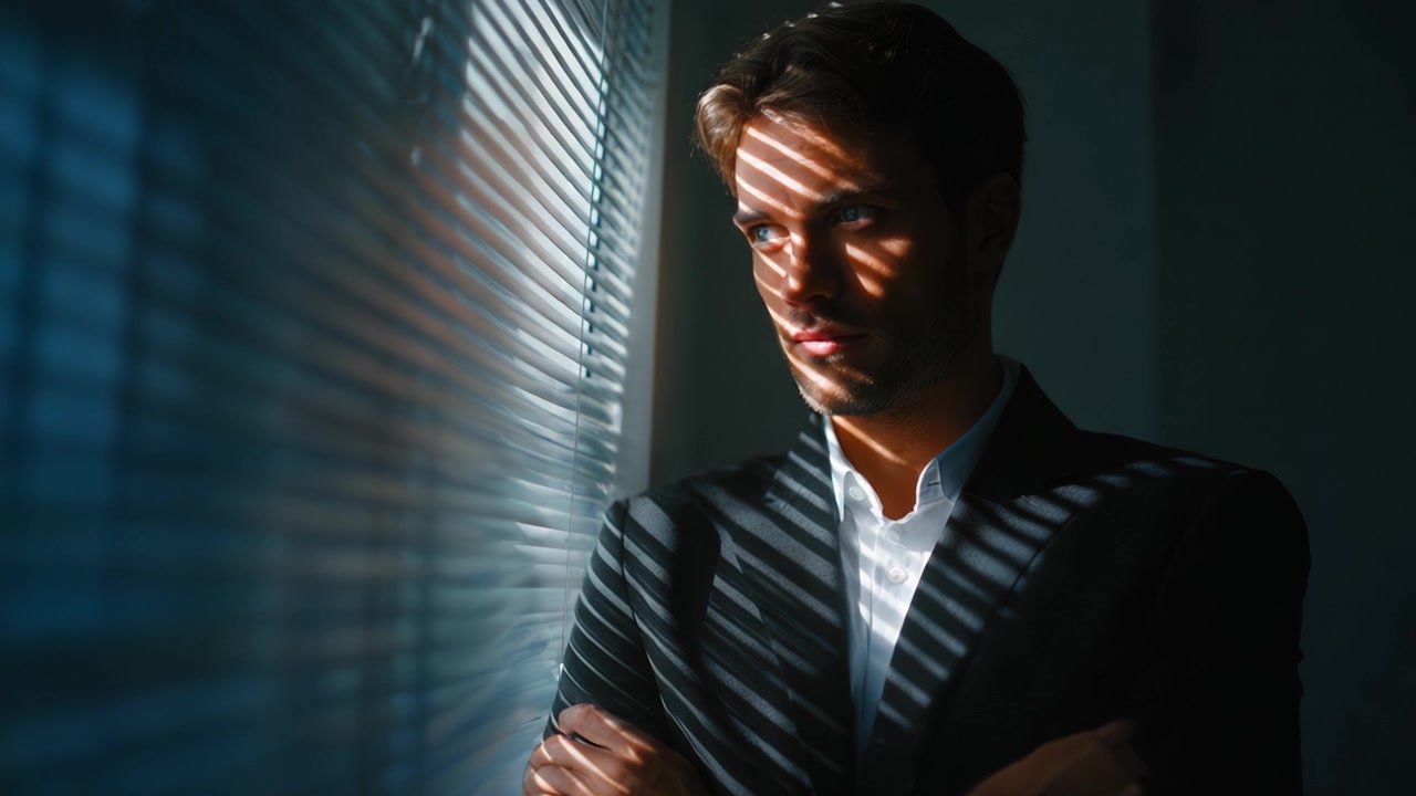 Un uomo pensieroso in abito che contempla la vita, illuminato da ombre marcate dalle tende, creando un effetto drammatico e un'aria di mistero.