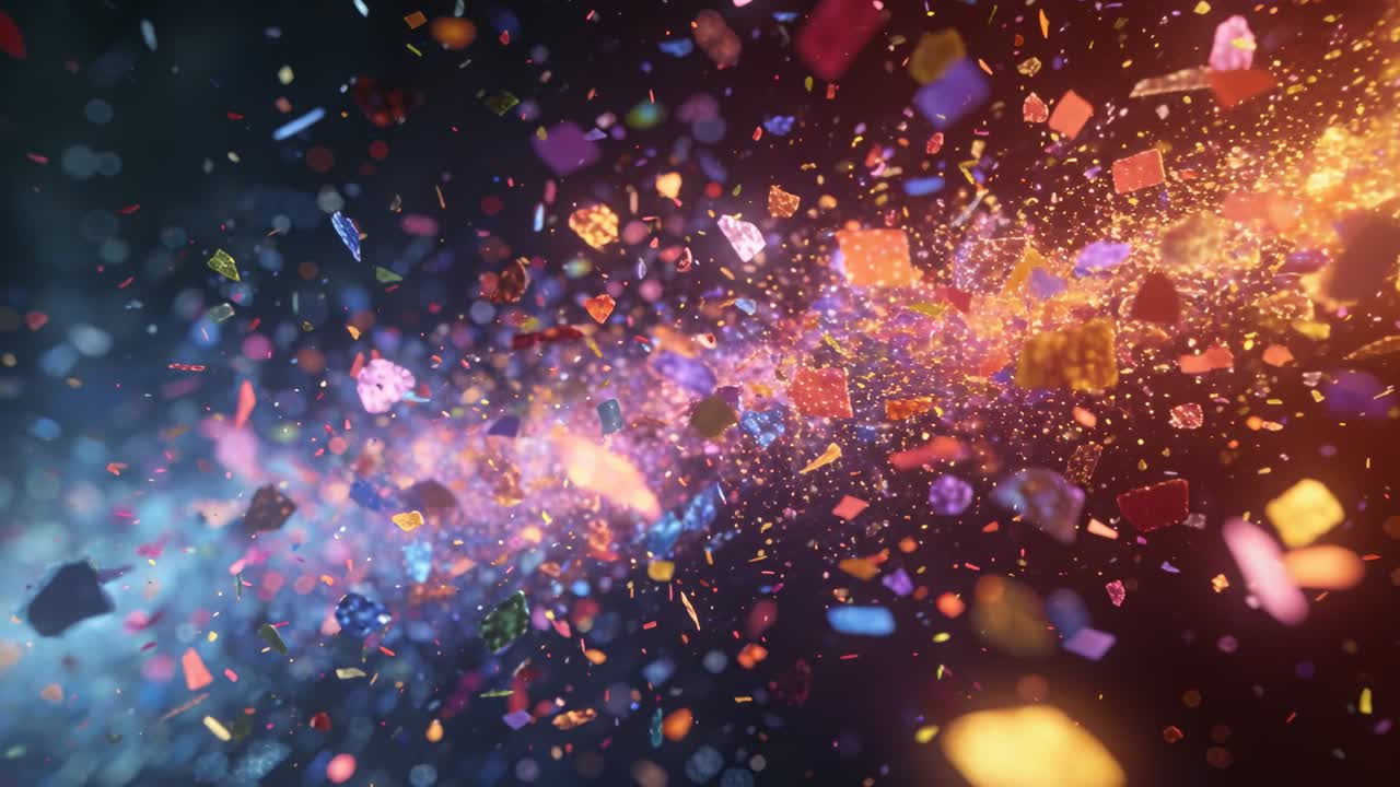 Streaming plume with cool-to-warm flakes and sparks moving across dark void, animation starting