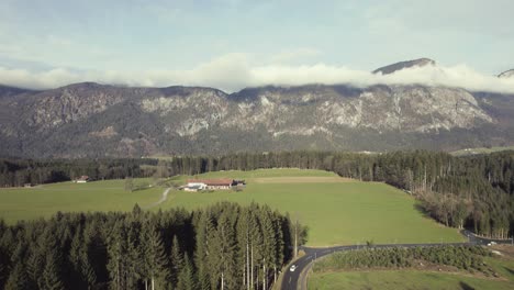 drone aéreo de la hermosa cordillera alpina en la distancia con campos de hierba y árboles