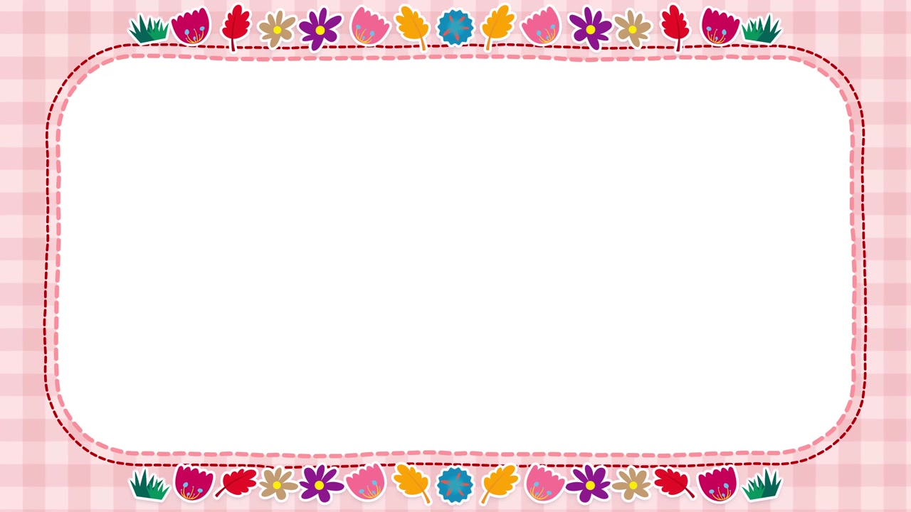 Animated pink gingham background framing a blank notebook label with colorful hand-drawn flowers.