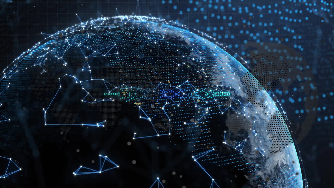Animation of digital network connections forming across Earth for global communication