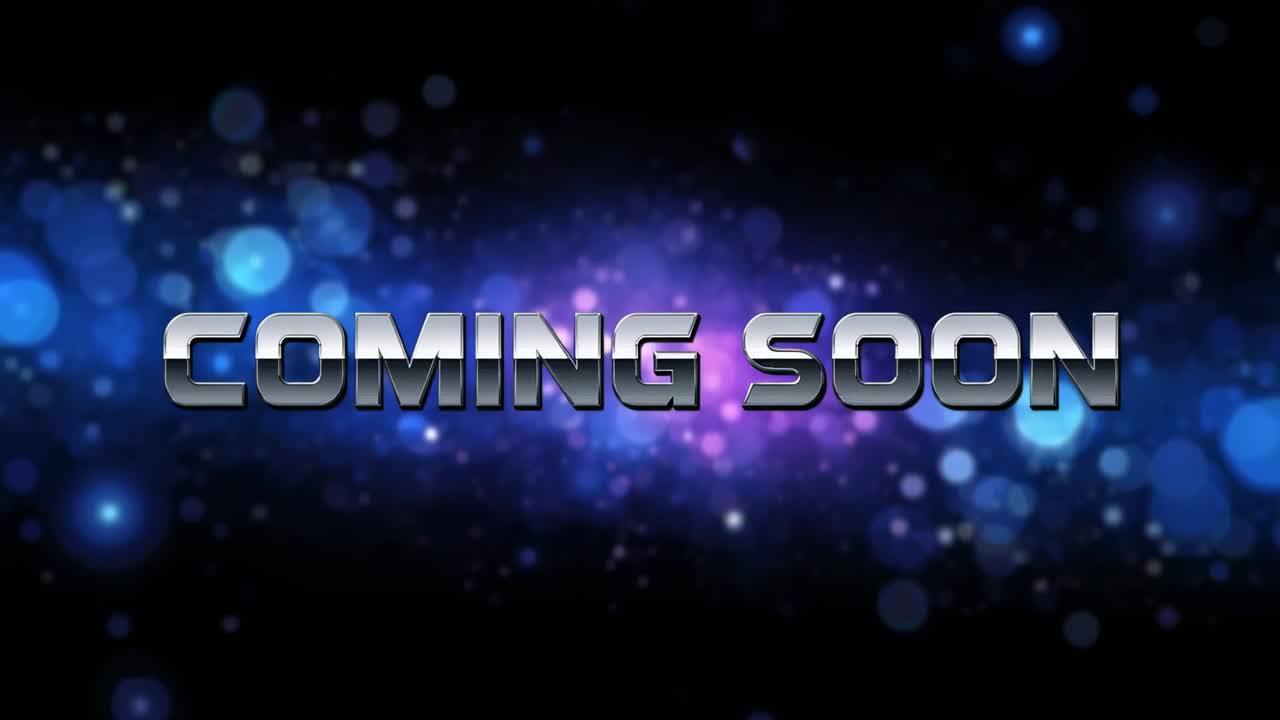 Starting animation showing metallic COMING SOON text over void, with glowing blue and purple bokeh