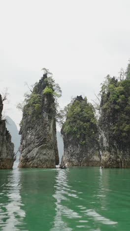 Boat on a lake with rock formations