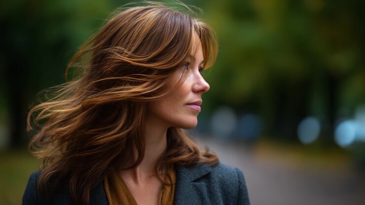Una vista di profilo di una donna con capelli fluenti su uno sfondo verde sfocato, che cattura l'essenza della bellezza naturale e la serenità in un ambiente calmo.