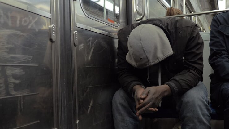 Homeless man in shabby clothes traveling by subway train