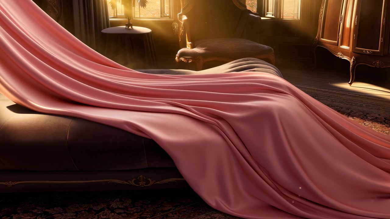 Low-angle view of glossy pink satin sheet cascading across foot of dark tufted chaise, folds elongating and shifting diagonally toward sunlit sash windows