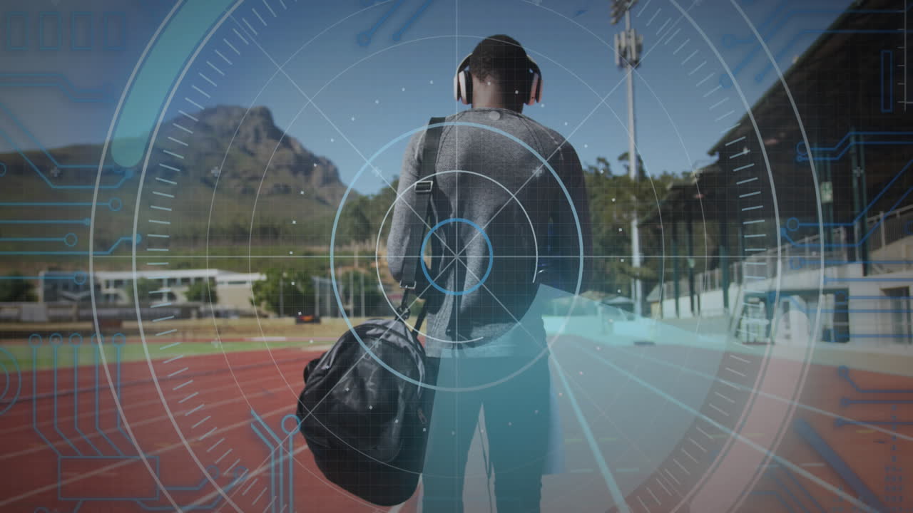 animación del procesamiento de datos digitales sobre un atleta masculino discapacitado caminando en una pista de carreras