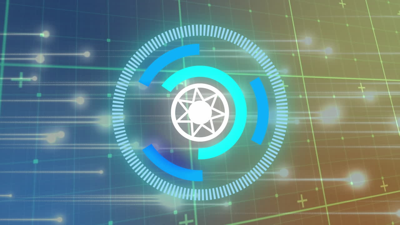 animación de estrellas en círculos de carga sobre el patrón de cuadrícula contra puntos en fondo abstracto