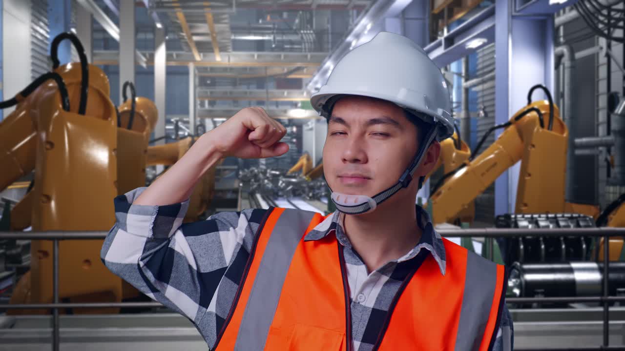 Close Up Of Asian Male Engineer With Safety Helmet Flexing His Bicep And Smiling To Camera While Standing With Industrial Robotic Arms Working