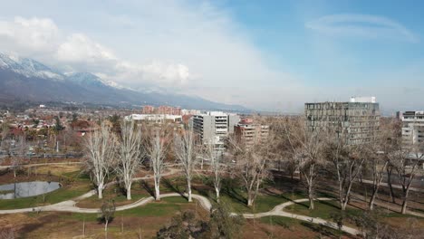 Scenic-Town-And-Recreational-Los-Dominicos-Park-In-Apoquindo-Avenue,-Las-Condes,-Santiago,-Chile--Nearby-San-Vicente-Ferrer-Church