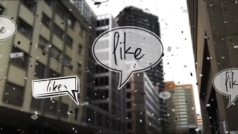 Confetti-falling-over-like-text-on-multiple-speech-bubbles-against-tall-buildings