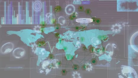 Animation of network of connections with world map and data processing over black background