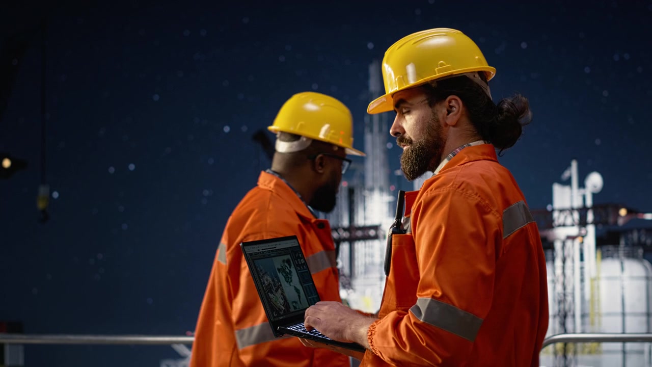 Man on drilling barge searching petrol reserves during global oil crisis