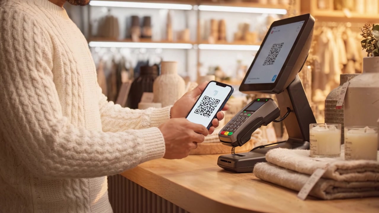 Customer Using Smartphone for Contactless Payment at Retail Checkout Counter with QR Code Displayed on Terminal, Enhancing Shopping Experience and Convenience