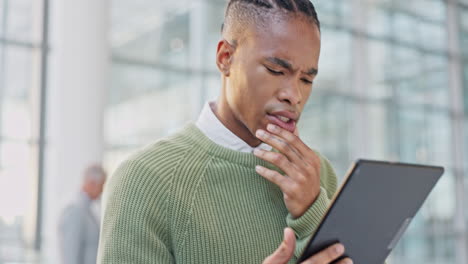 business, thinking and black man on tablet