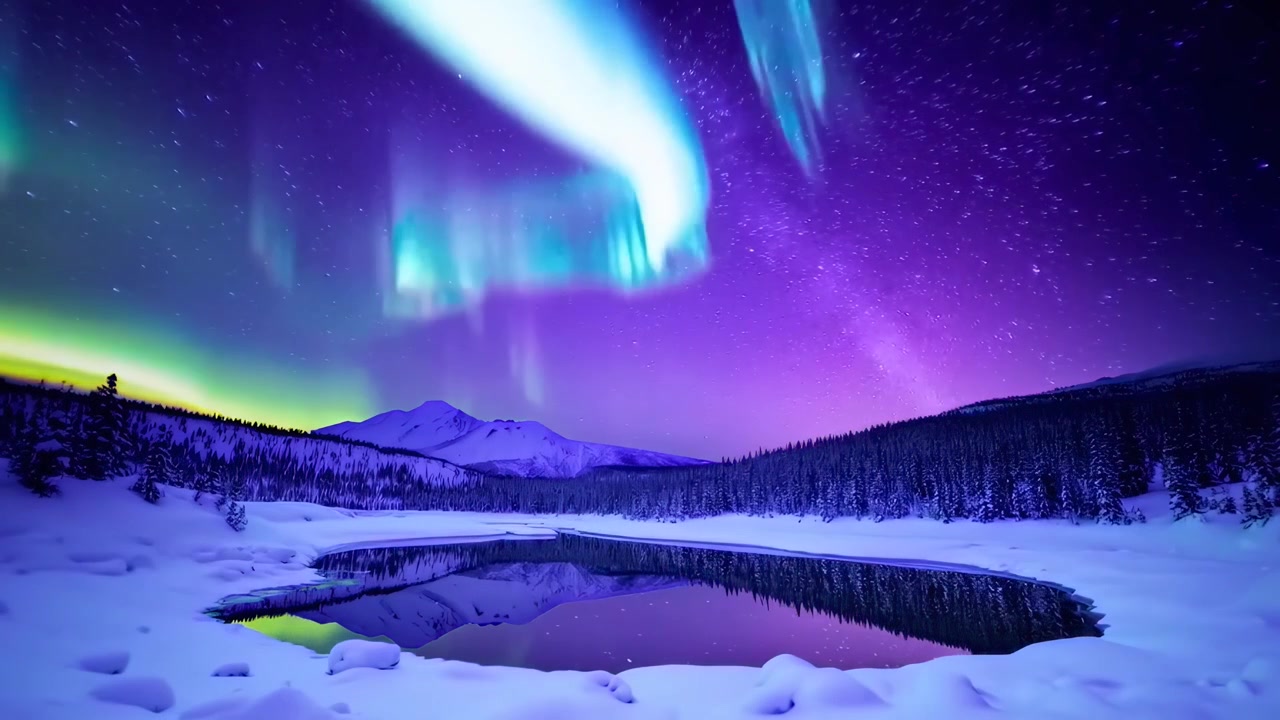 Aurora Boreale vibrante su un lago di montagna innevato di notte.
