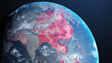la animación digital del globo muestra la propagación global de la covid-19, los continentes se vuelven rojos.