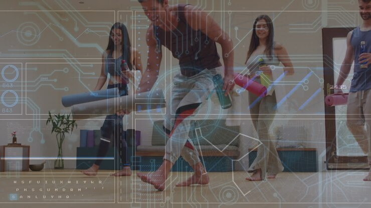 Animation of data on digital screen over diverse people preparing for practicing yoga