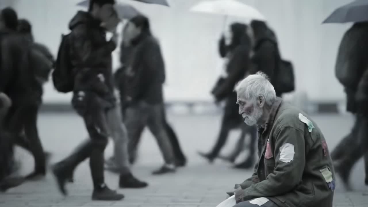 A lonely homeless man sits on the ground in a city square, surrounded by rushing pedestrians who hold umbrellas. Rain creates a somber atmosphere while people walk by without noticing him.