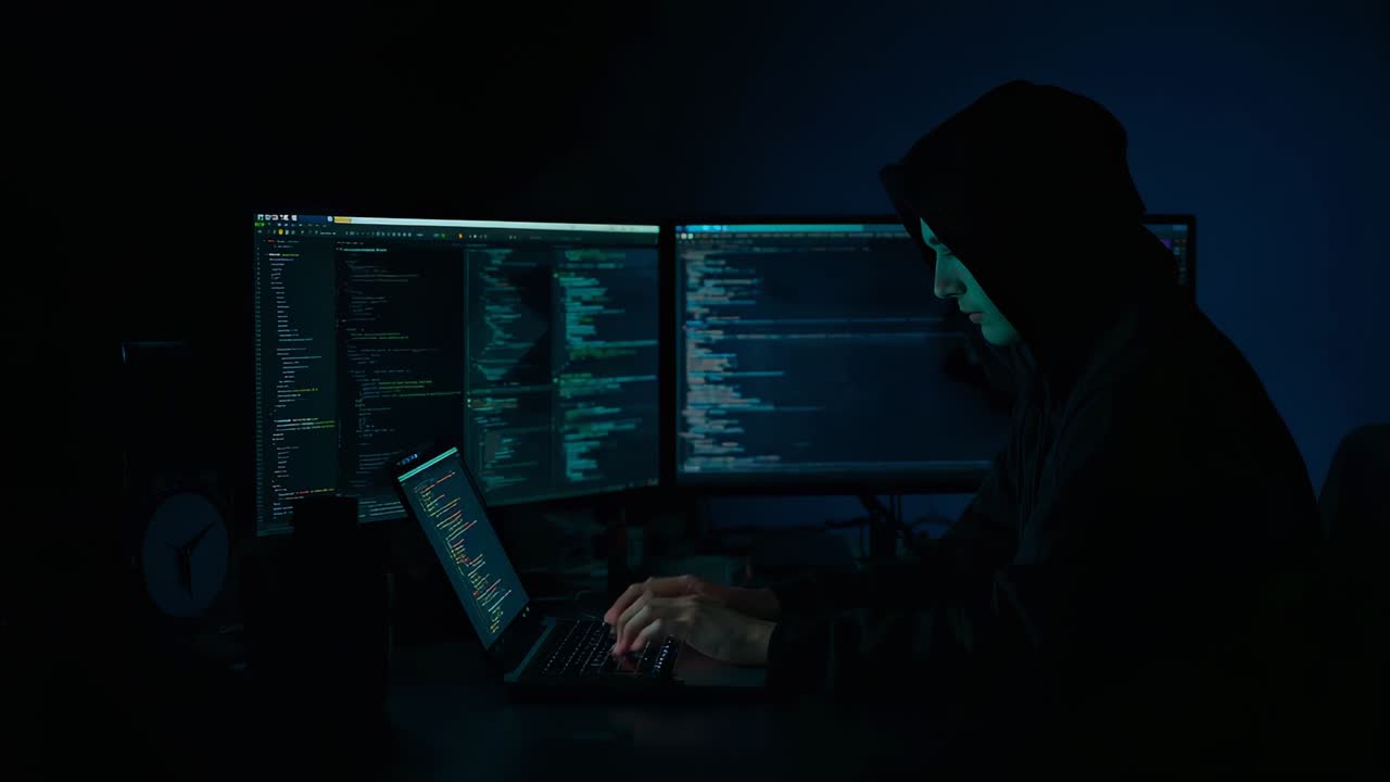 En programmør i hættetrøje sidder og debugger kode på en laptop og to skærme ved sit skrivebord derhjemme, og holder øje med tiden