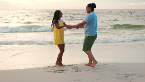Happy-couple,-dance-and-beach-by-water-for-fun