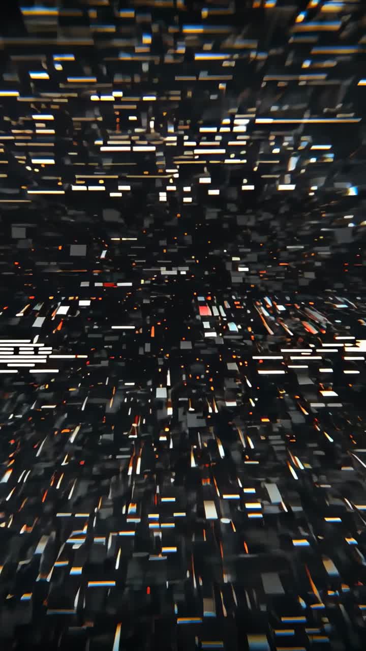 Vertical video: Gliding camera starting forward through artificial corridor, revealing lit modules