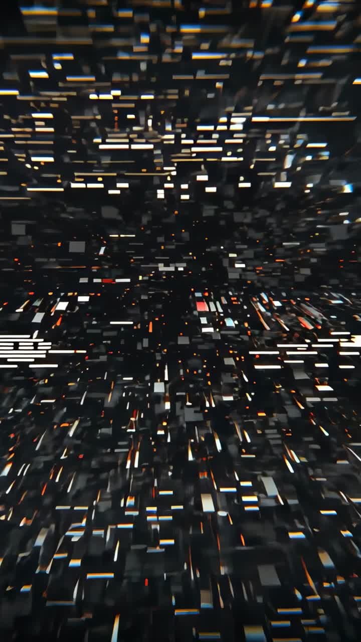 Video verticale: telecamera scorrevole che parte in avanti attraverso un corridoio artificiale, rivelando moduli illuminati
