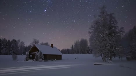 starry sky with milky way and snow covered hut