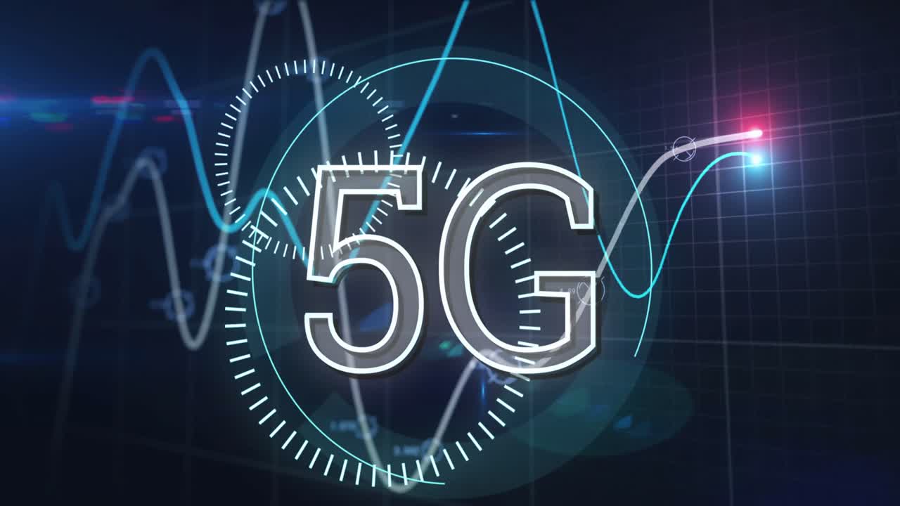 animazione di testo 5g con ambiti che ruotano sulle linee elaborazione di dati finanziari