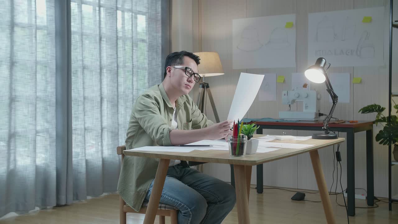 화가 난 아시아 남자 가방 디자이너는 사무실에서 레이아웃을 보면서 긍정적으로 머리를 흔들고 있습니다.