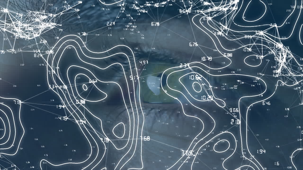 animación de redes de conexiones y líneas blancas sobre el ojo del hombre caucásico