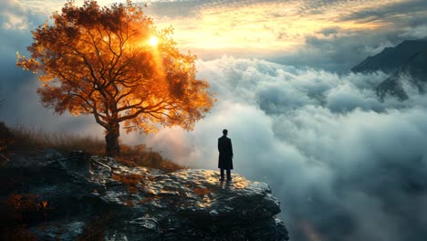 spectacular sunrise view from a rocky cliff with an autumn tree