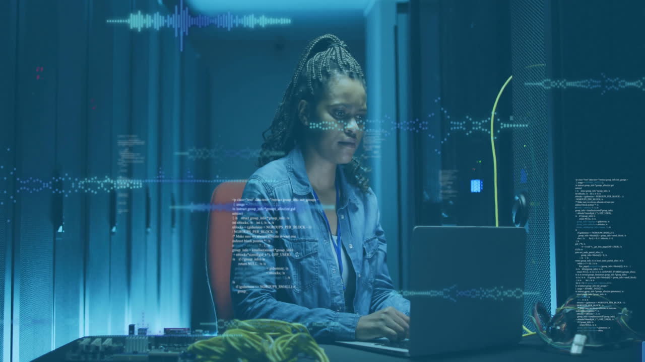 Woman working on laptop with digital data processing animation overlay