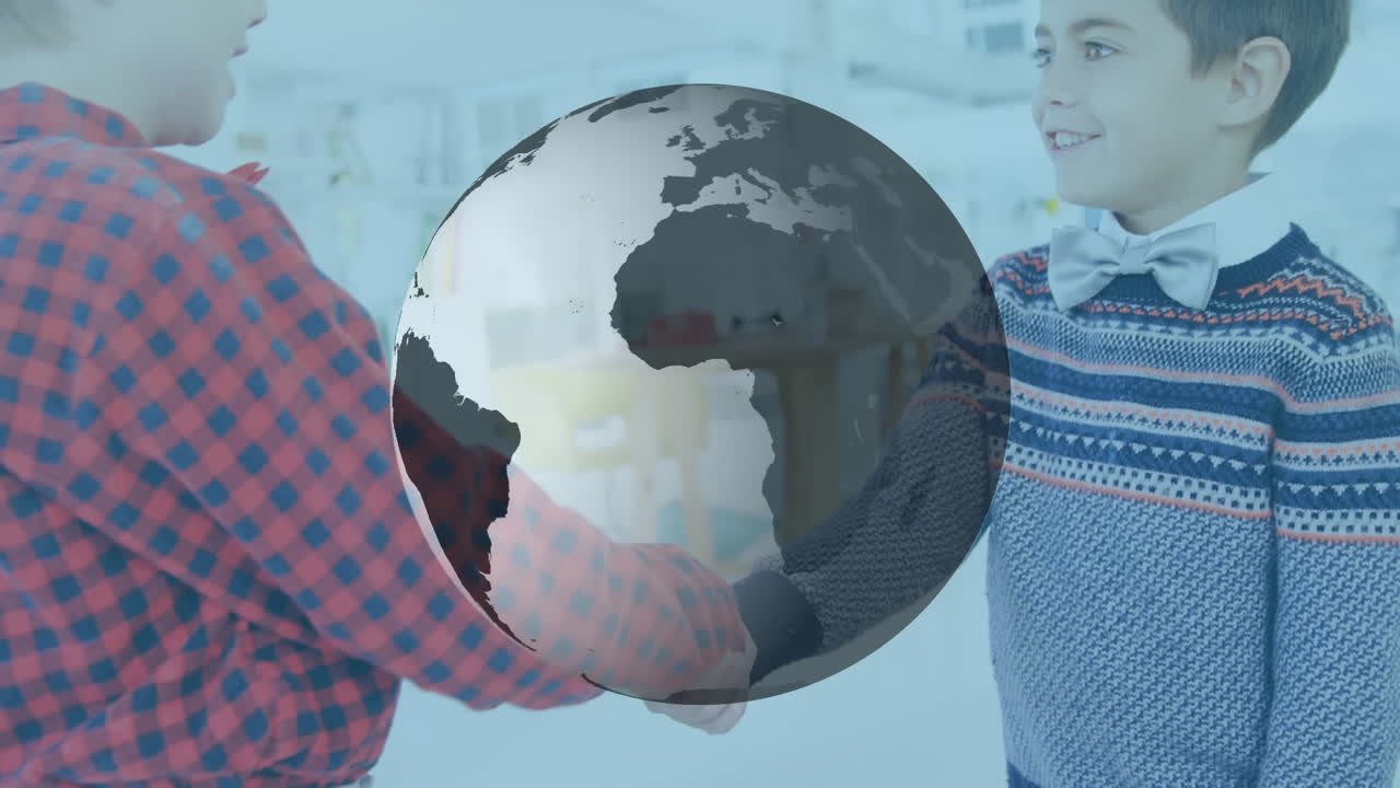 아이들이 손을 흔들고 프로그램 코드가 있는 글로브