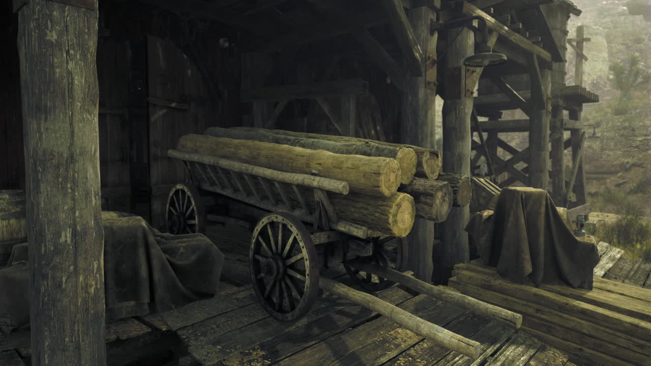 Wooden cart with logs inside a rustic shed during twilight hours