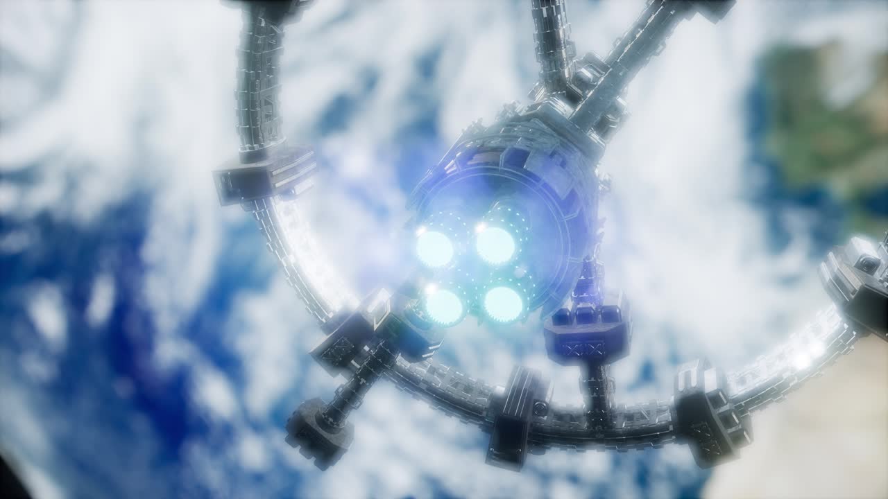 지구와 우주선의 모습. iss는 지구를 공전하고 있습니다.