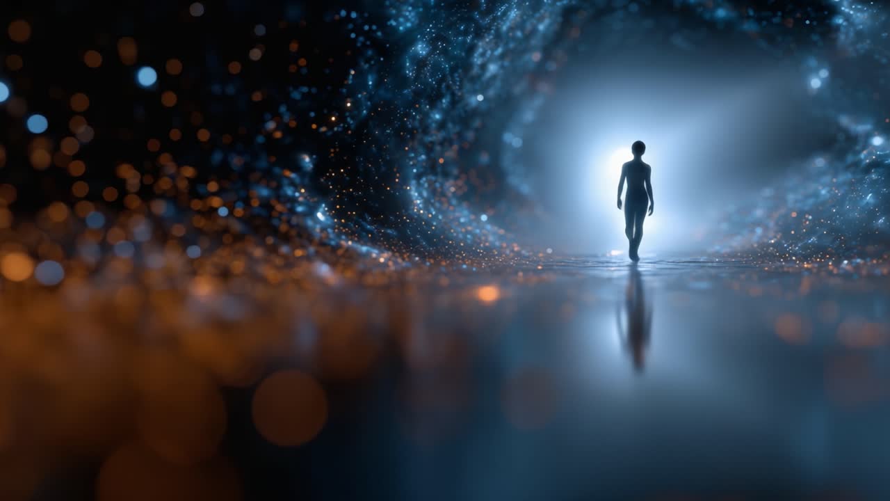 A solitary figure walks through a mesmerizing tunnel of light and color, symbolizing exploration, journey, and the mysteries of existence in a cosmic setting