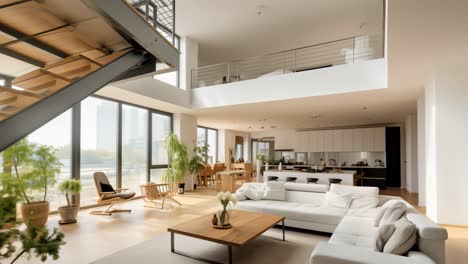 gradual sunlight streaming through expansive windows, illuminating pristine white sofa, wooden stairs, and minimalist furnishings within contemporary open concept living space